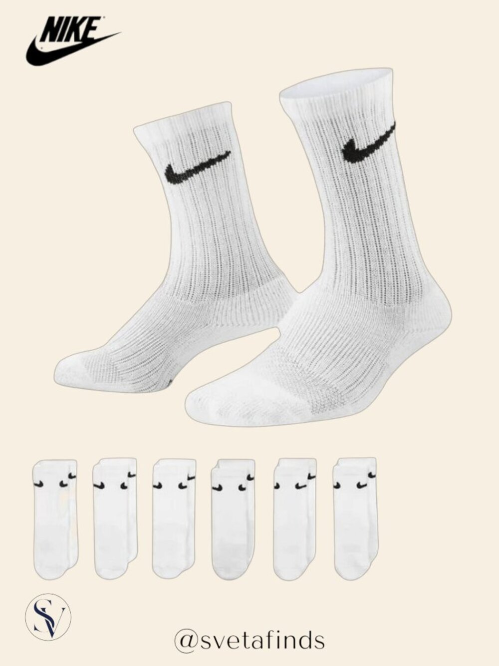 NWT Nike Cushioned Crew Socks - White (6 Pack) Size 5-7YRS